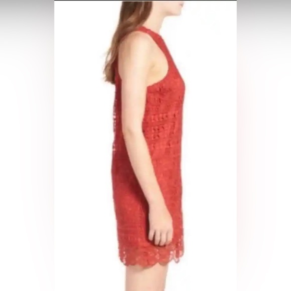 Revolve| Lovers + Friends Warm Red Sleeveless Crochet Lace Mini Shift Dress - Picture 9 of 11